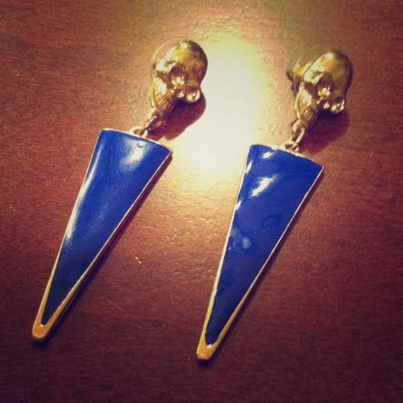 Gold and blue enamel skull earrings