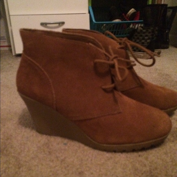 Tan Lace-Up Wedge Booties