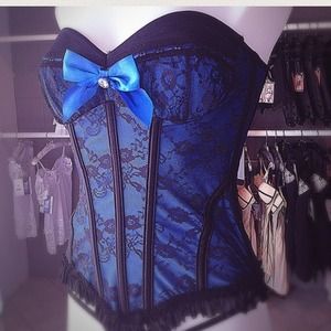 blue & black lace corset with hook & eye closure
