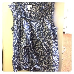 Button-down blue/white print sleeveless blouse