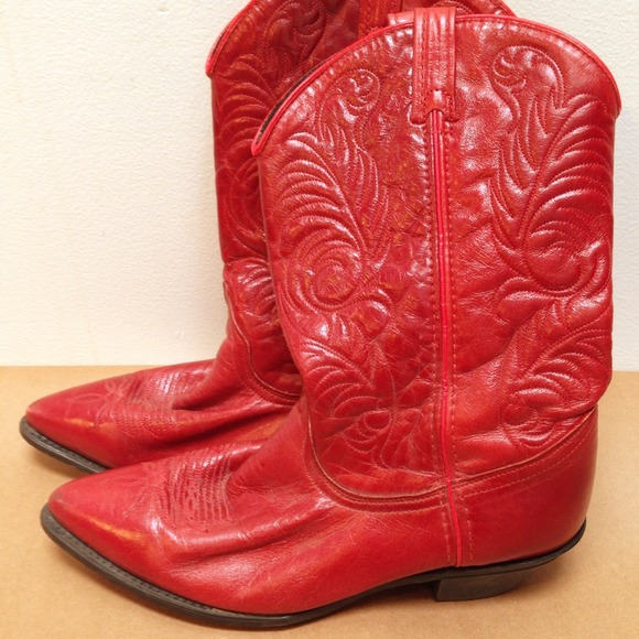 Red women's western boots, comes up to low calf