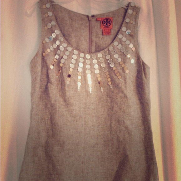Tory Burch Metallic-Beaded Linen Tank