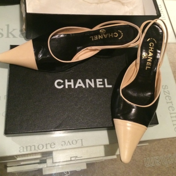 CHANEL Black and Beige Sling Backs