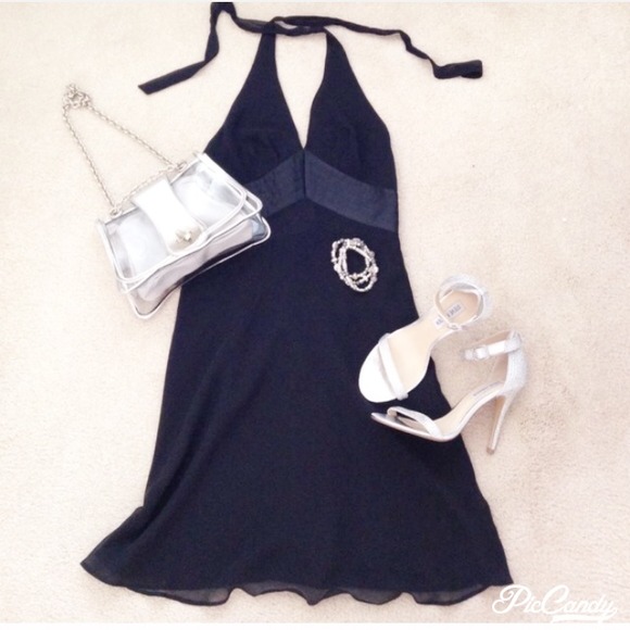NWT EXPRESS COCKTAIL BLACK HALTER SILK DRESS - Picture 1 of 4