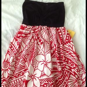 Black band and red tribal Hawaiian print dress