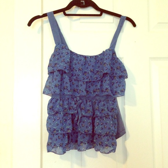 Blue Floral Lauren Conrad Frilly No Sleeve Blouse
