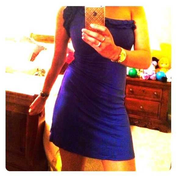 NWOT. One shoulder blue dress. Cobalt blue. Ruffle