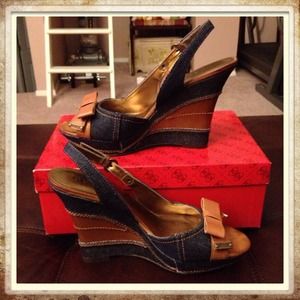REDUCED. Denim and leather sling back wedges.
