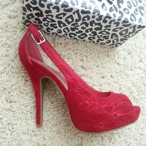 Red Lacey Floral Design Heels