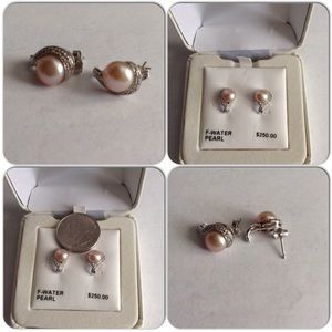 10k white gold, pink pearl and diamond earrings