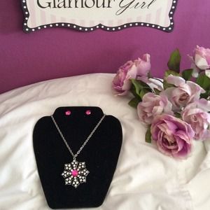 Silver, black, pink necklace/earring set