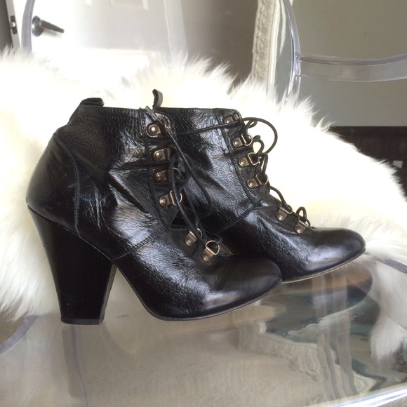 Patent black leather booties