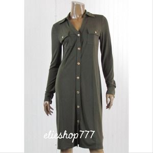 Michael Kors Olive Green Long Sleeve Button Dress