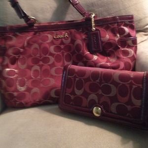 Beautiful maroon and gold Coach handbag and wallet