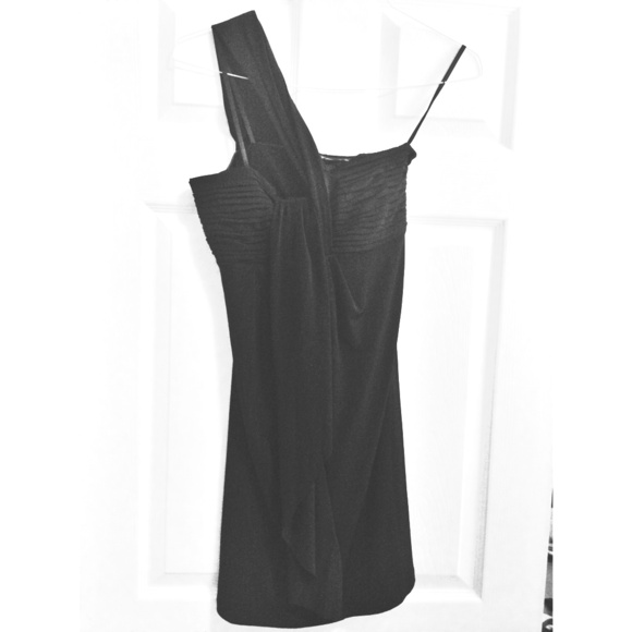 Black one shouldered draped cocktail dress