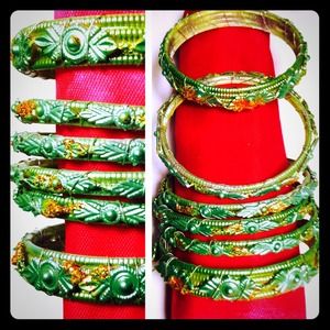 2 Indian BanglesGreen/Gold Glitter & Crimson Red.