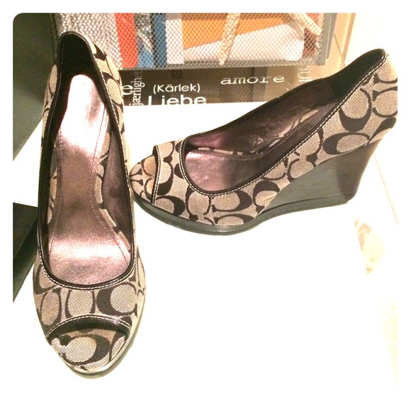 COACH Open Toed Signature Fabric Wedges
