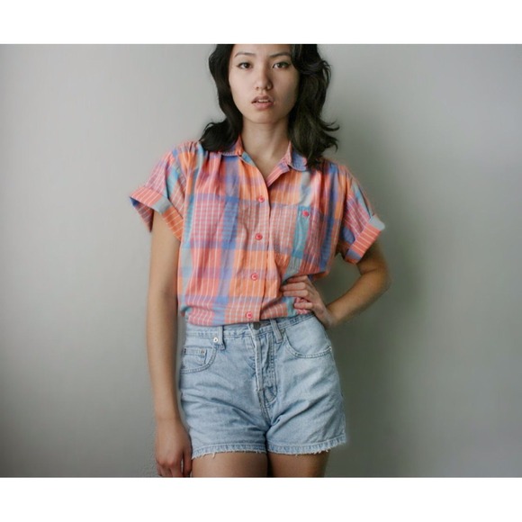 Vintage Coral Plaid Blouse