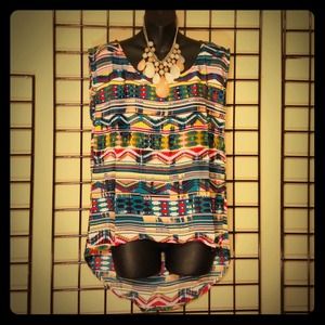 Dizzy Lizzy Sleeveless Hi-Lo Blouse (Aztec Print)