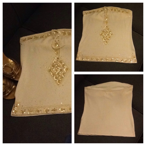 💕Cream with Gold Sequins & Beading Strapless Top