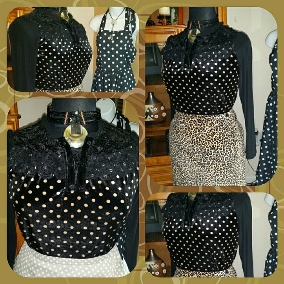 SOLD. Plus Velvet Black/Tan Polkadot Blse - Picture 2 of 4