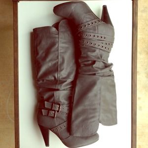 Grey Buckle High Heel Boots