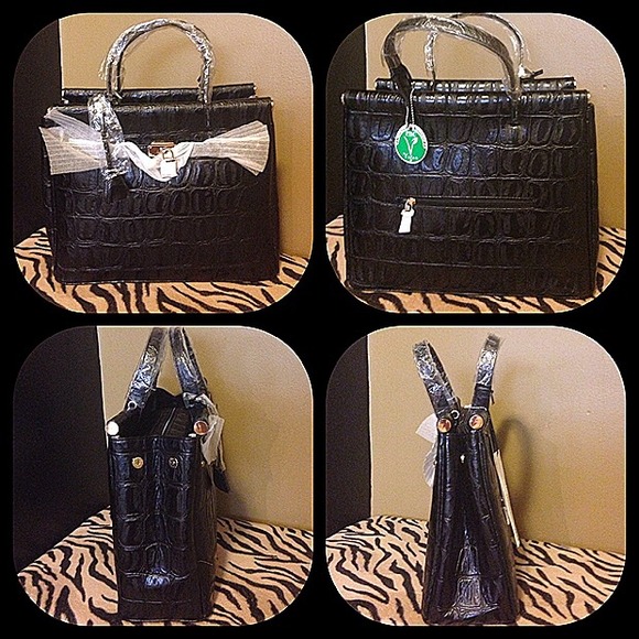 Black double-handle handbag with embossed croc - Picture 4 of 4