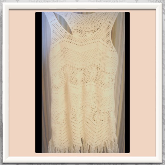 Hippie a Boho Crochet Ivory Tank w/Fringe Bottom