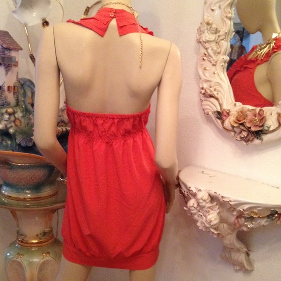Orange Pinkish Ruffle Halter Dress with Zipper - Picture 2 of 4