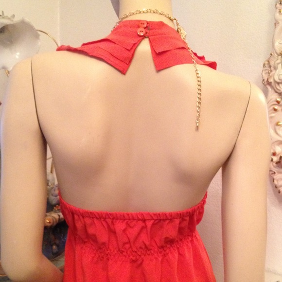 Orange Pinkish Ruffle Halter Dress with Zipper - Picture 3 of 4