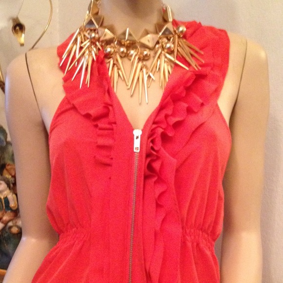 Orange Pinkish Ruffle Halter Dress with Zipper - Picture 4 of 4