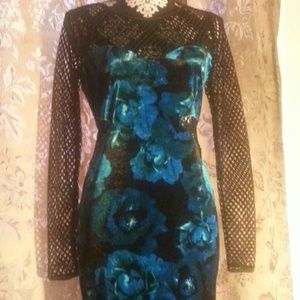 Black and blue floral velvet cutout midi dress