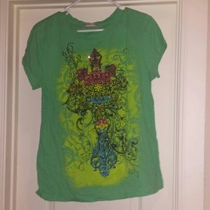 Green very colorful shirt with beautiful cross