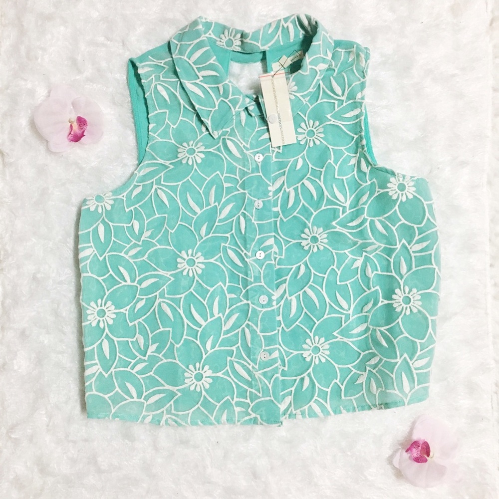 NWT mint green flower embroidery gauze crop top