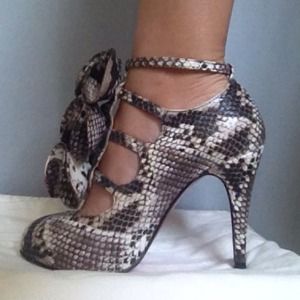 Strappy snake print leather heels