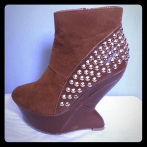 Toffee suede studded dramatic wedge bootie