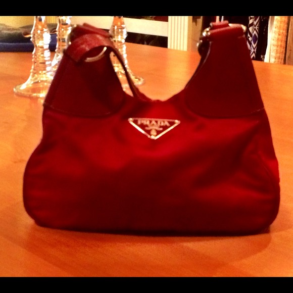 Red med nylon hobo with leather trim. Priceless. - Picture 1 of 4