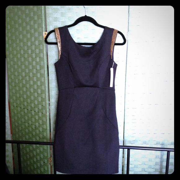 SOLD!! MINUET Sleeveless Fitted Dress Gold Detail