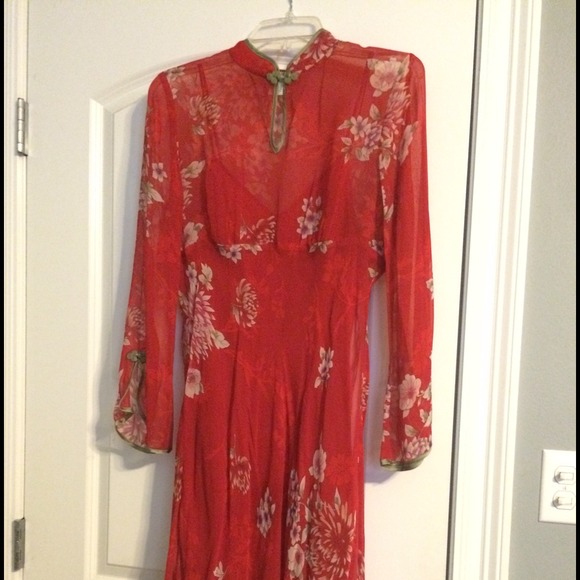 Chinese style red vintage floral dress