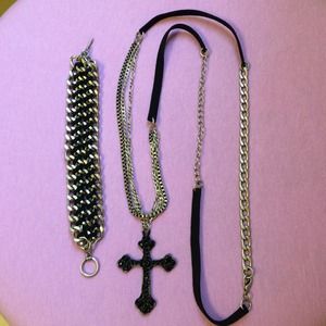 Cross necklace & braided bracelet bundle