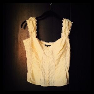BEbe yellow and white crochet eyelet top