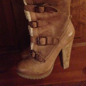 Beige suede knee high woman's boots