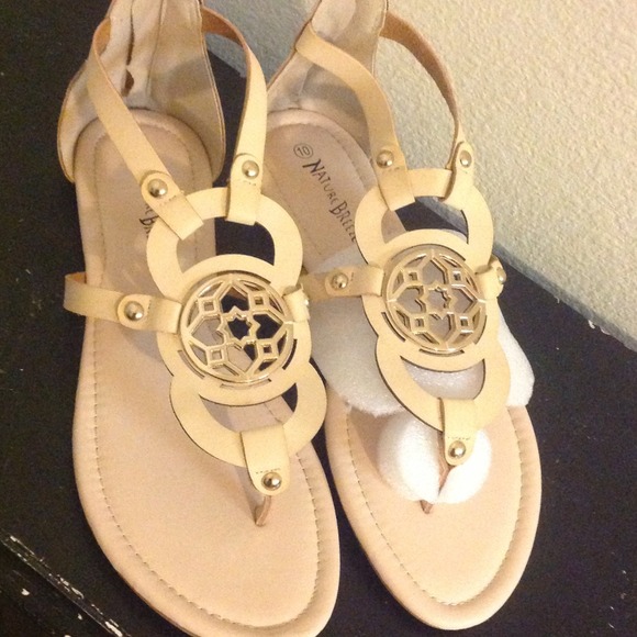 Beige Sandals with gold emblem-SOLD AT GARAGE SALE