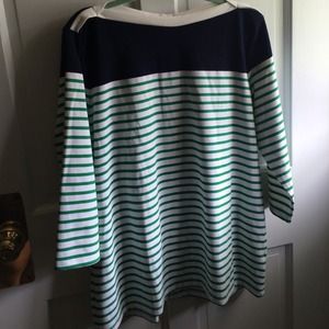 Green, blue and white striped shirt