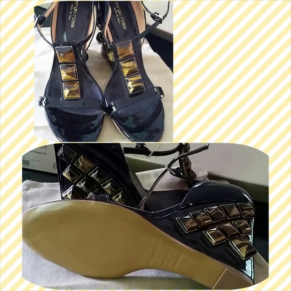 Sergio Rossi Patent Wedge Sandals T Strap