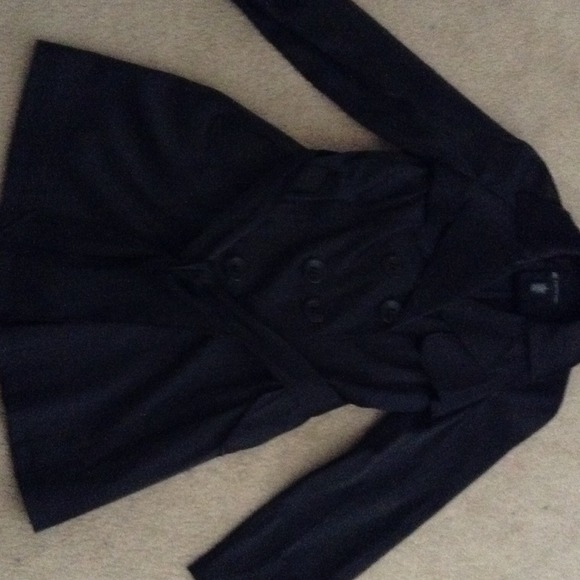 Black satin coat with belt.