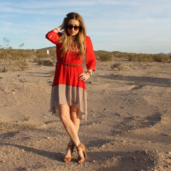 Red and Tan Belted High Low Dress