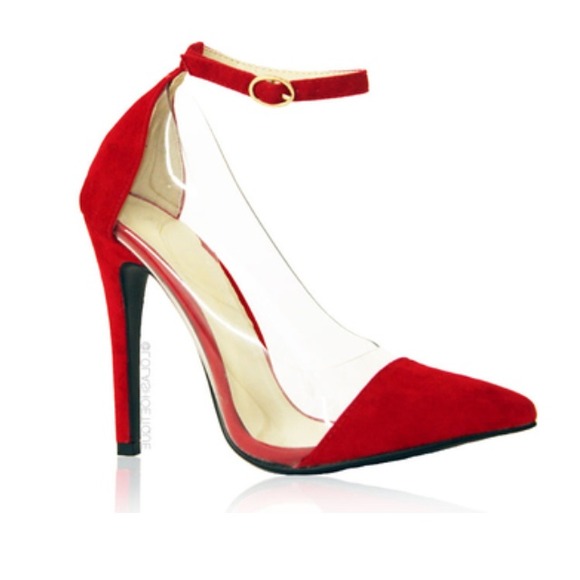 Red faux suede stilettos