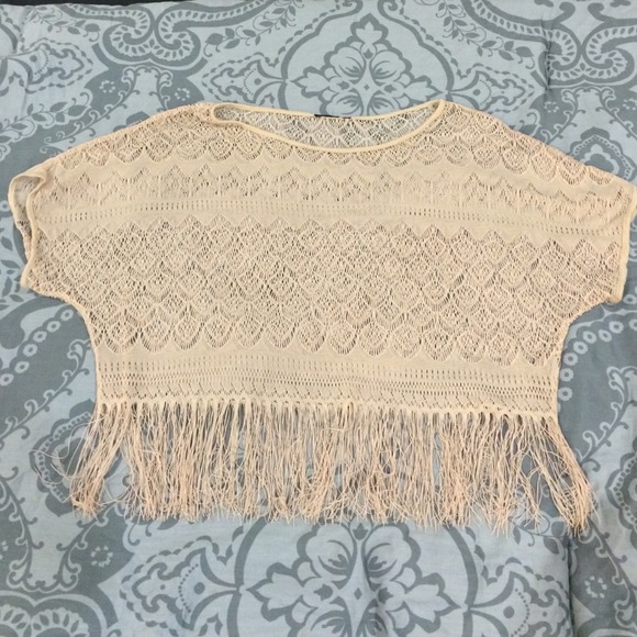 Amazing cream colored lace and fringe crop top
