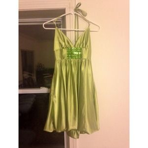 Emerald Jeweled Green Satin Halter Dress